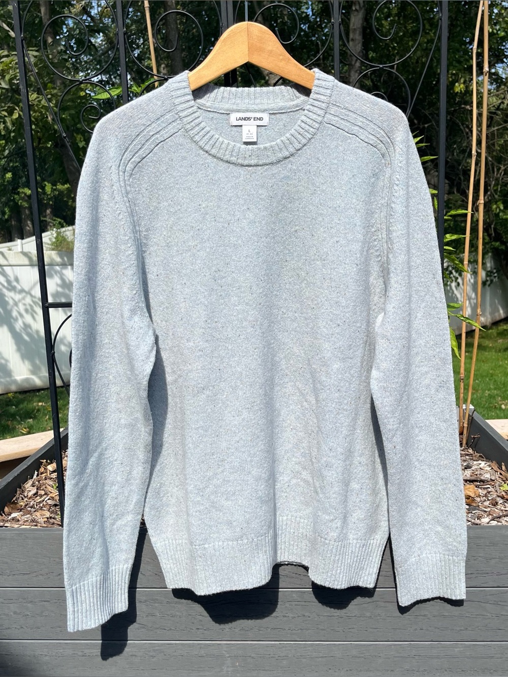 Lands' End Men's 100% Lambswool Ice Blue Flecked Crewneck Sweater Size L